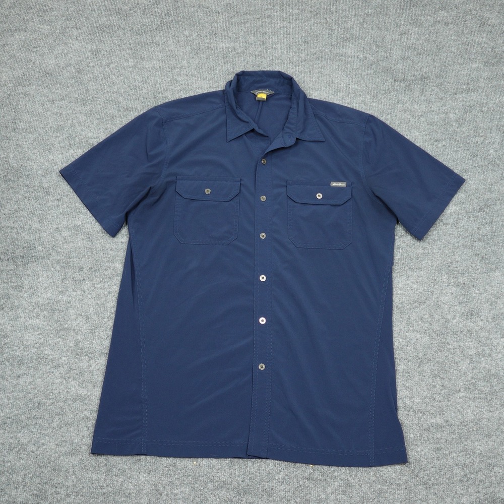 Eddie Bauer Shirt Men Medium Blue Short Sleeve Stretch Utility Outdoor Button Up